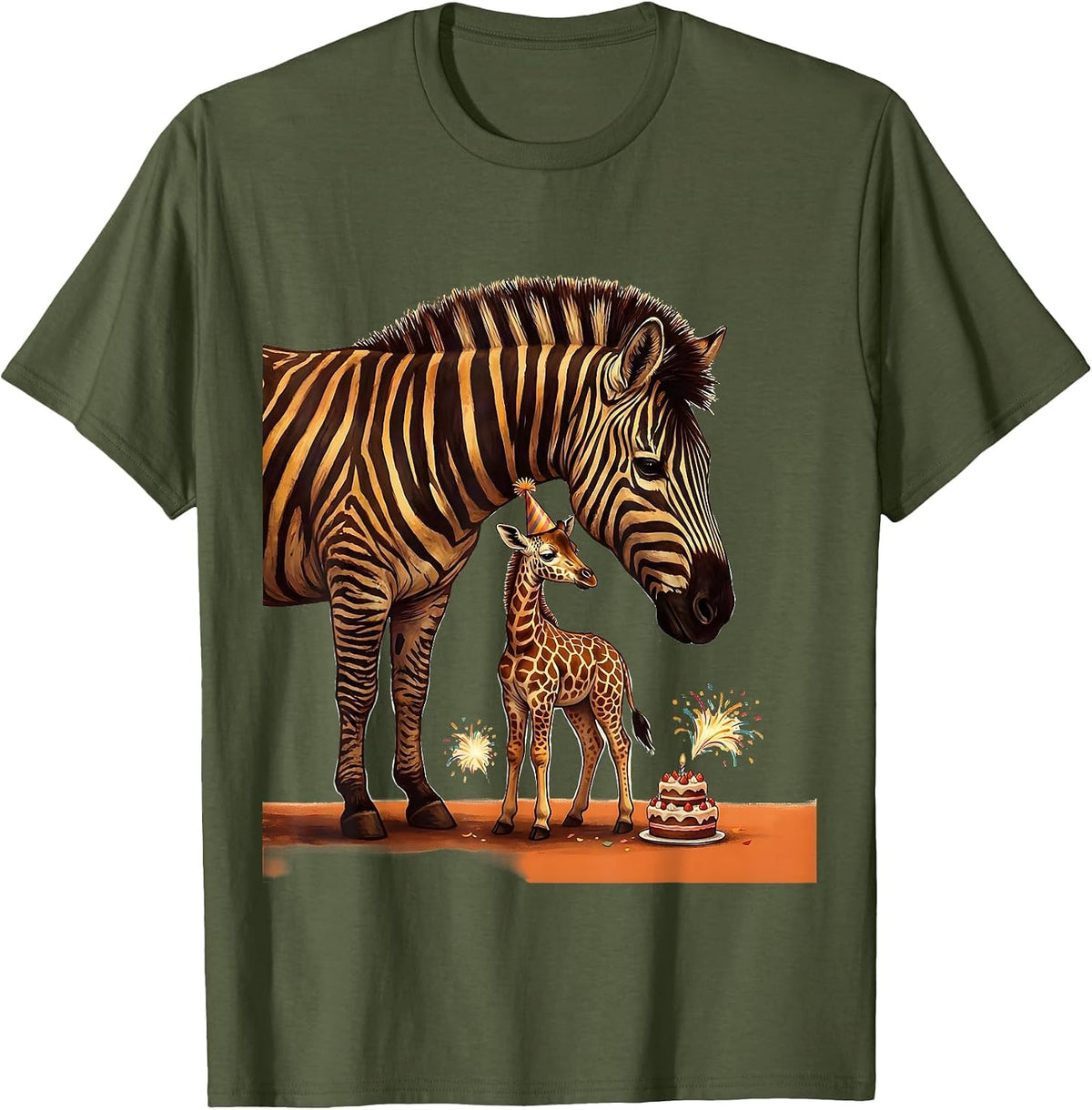 Men's Zebra and Giraffe Party Animal Birthday Zoo Safari Kids T-Shirt - Olive Green