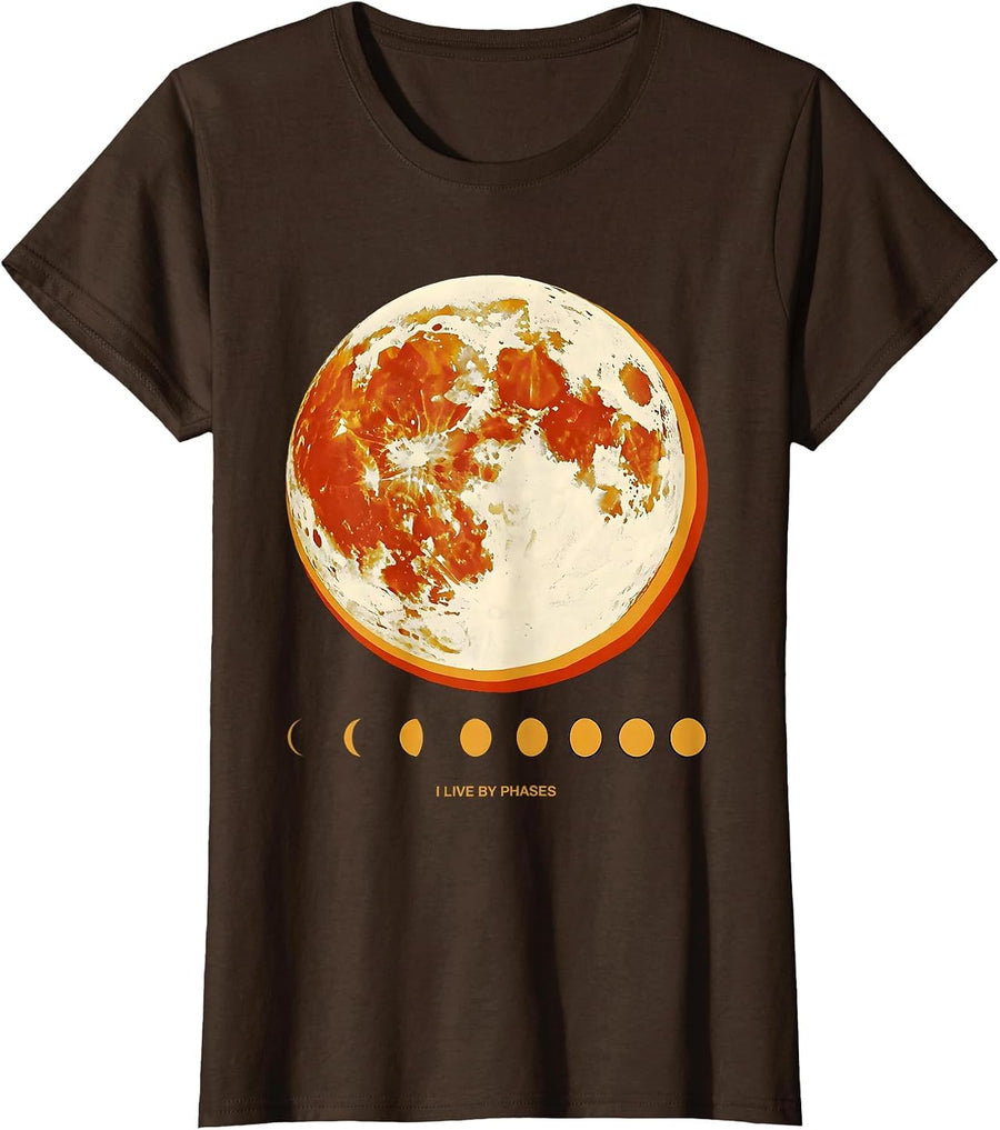 Women's I Live By Phases Celestial Moon Phase Astronomy Astrology T-Shirt - Brown
