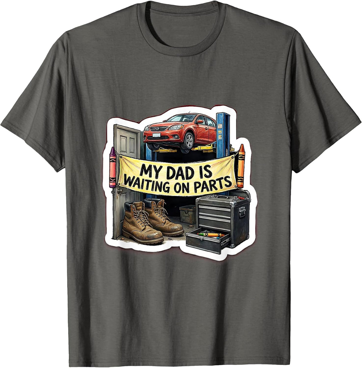 My Dad Is Waiting On Parts Funny Mechanic Auto Repair Dad T-Shirt - Asphalt Grey