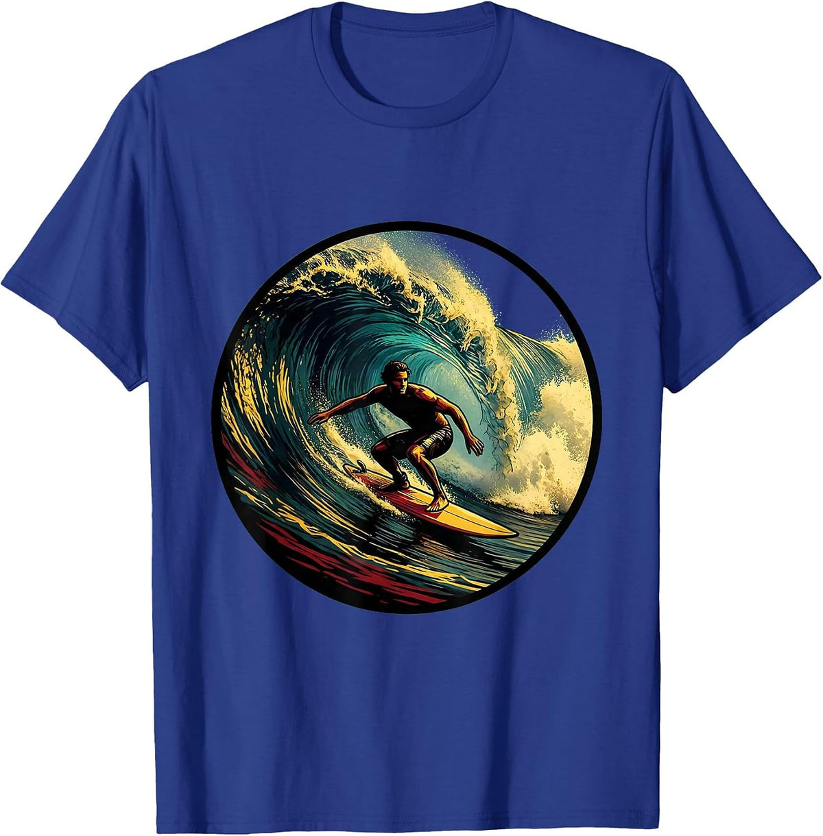 Retro Surfer Riding Massive Curling Wave T-Shirt - Royal Blue