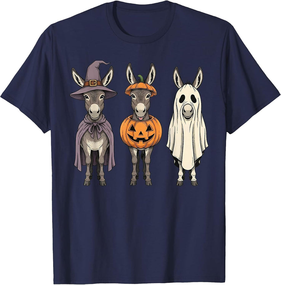 Spooky Ghost Donkey Pumpkin Halloween Farm Animal T-Shirt - Navy Blue