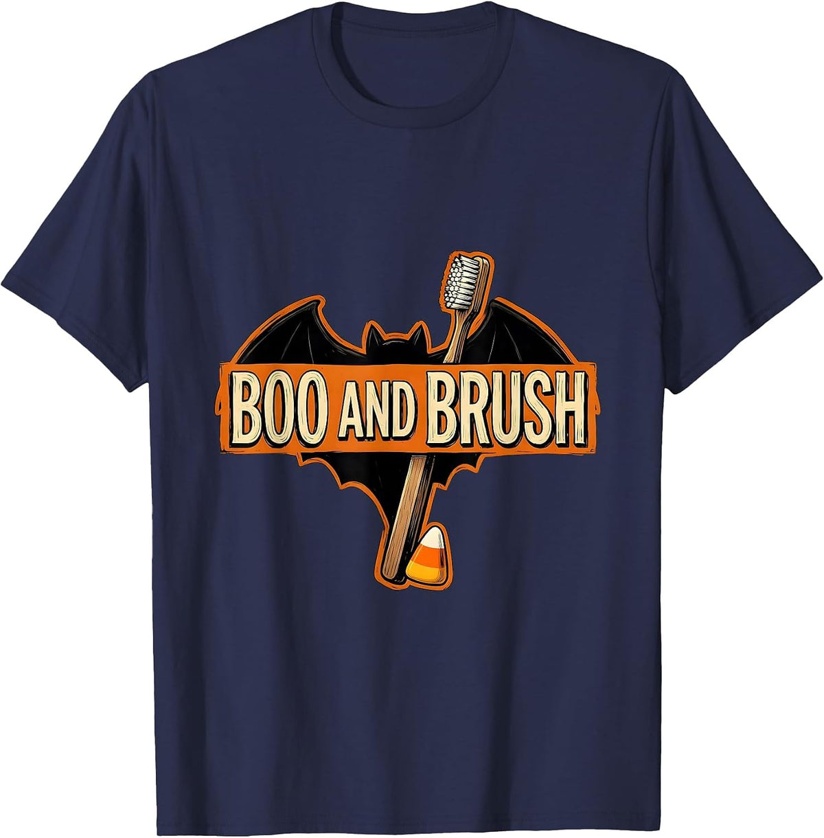 Men's Boo And Brush Funny Dental Hygienist Halloween Pun Humor T-Shirt - Navy Blue