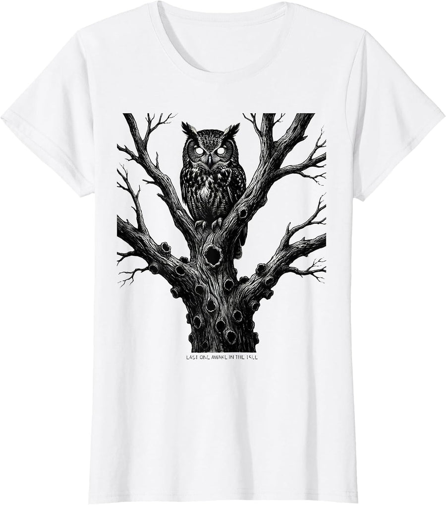 Women's Last One Awake In The Tree Vintage Owl Bird Lover Humor T-Shirt - White