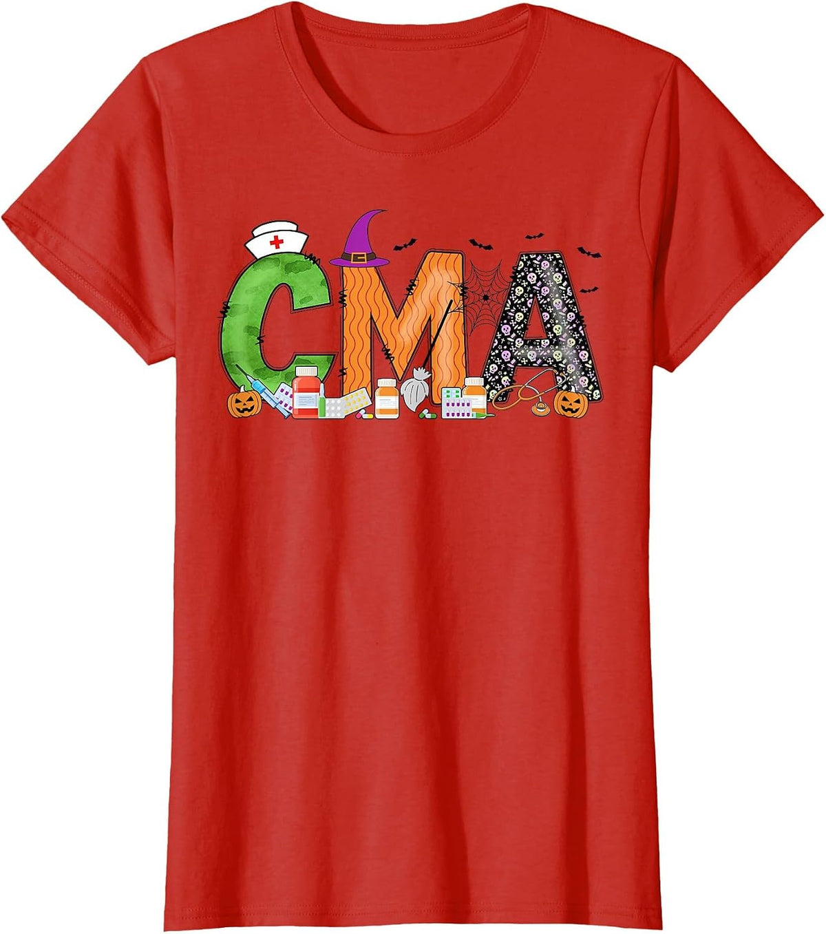 Certified Medical Assistants CMA Witch Nurse Skull Halloween T-Shirt - Red