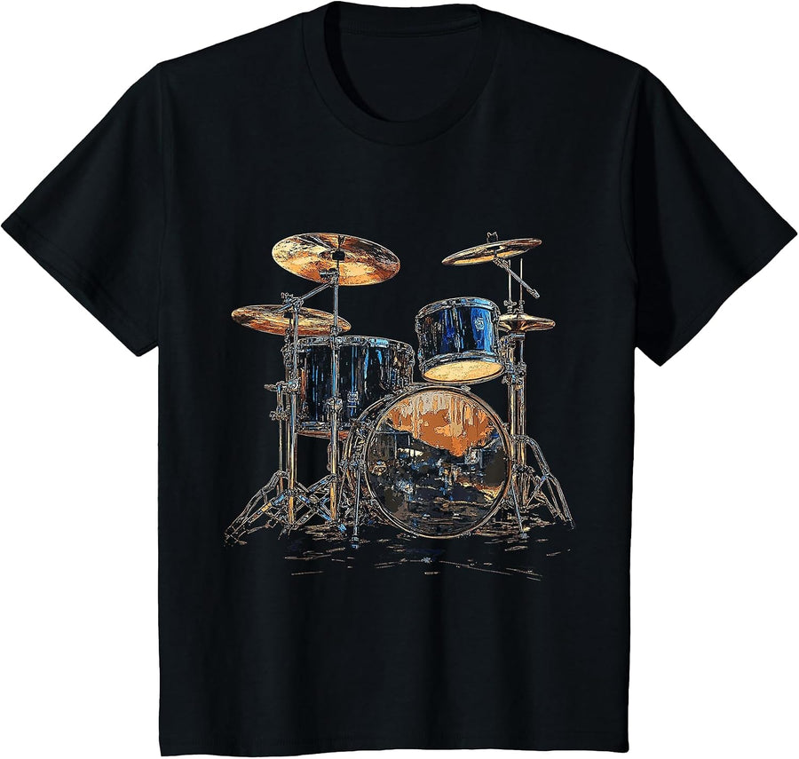 Drumset Music Instrument Motif Art Drumset T-Shirt - Black