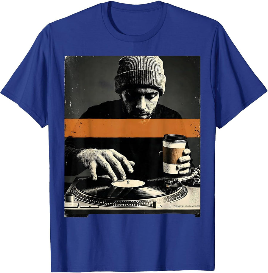 Vinyl DJ Commuter Coffee Old School Hip Hop Nostalgia T-Shirt - Royal Blue