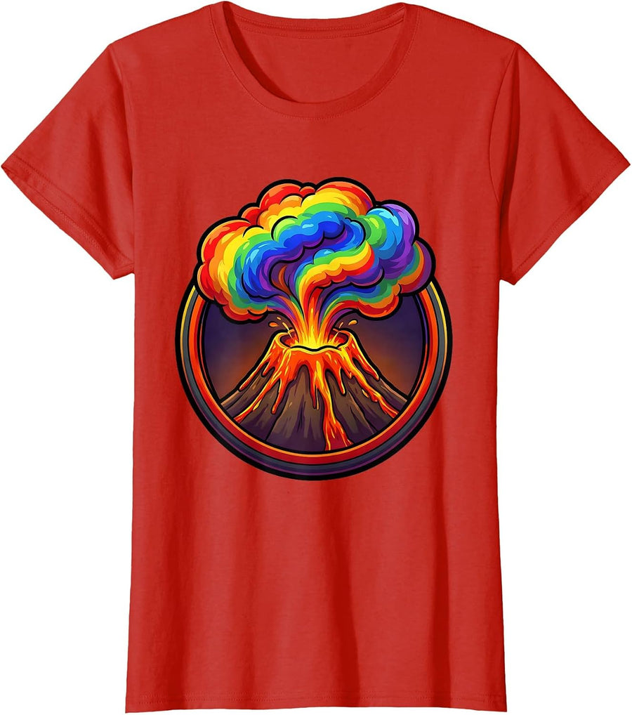 Women's Rainbow Volcano Crater Smoke Illustration T-Shirt - Red