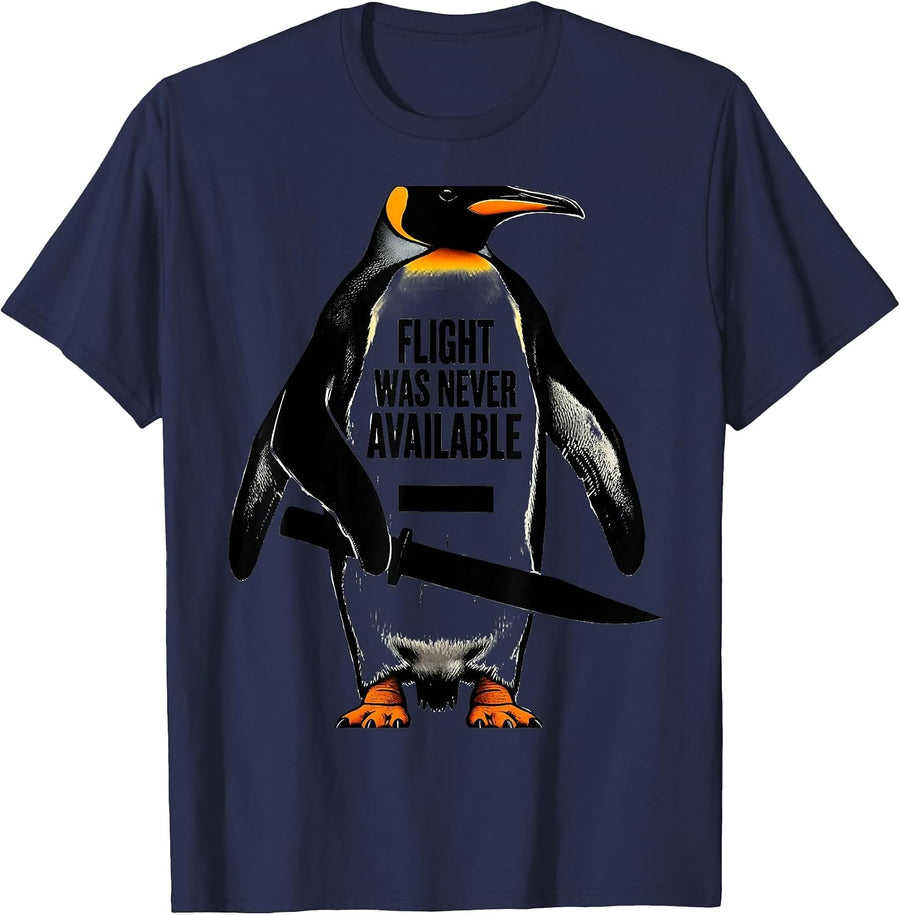 Flight Was Never Available Brutalist Penguin With Knife Dark T-Shirt - Navy Blue