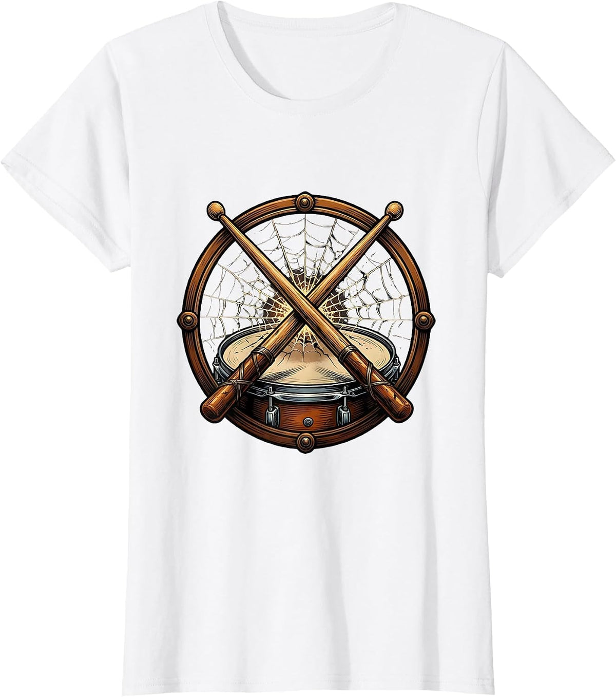 Crossed Drumsticks Cracked Snare Drum Graphic T-Shirt - White