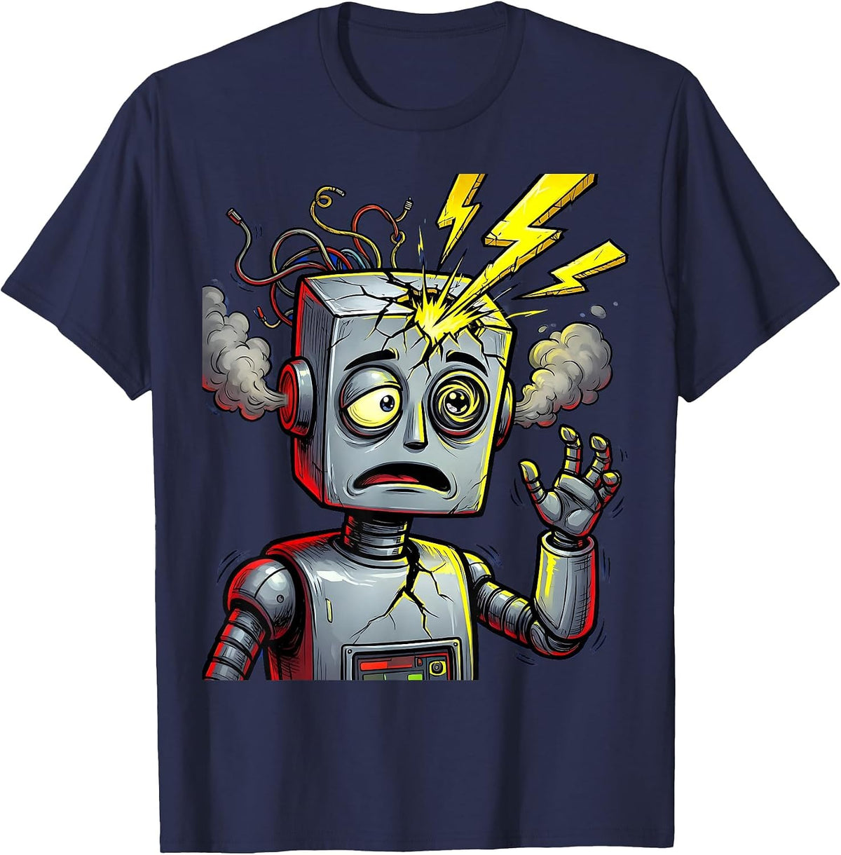 Glitching Robot Sparking Head Malfunction Design T-Shirt - Navy Blue