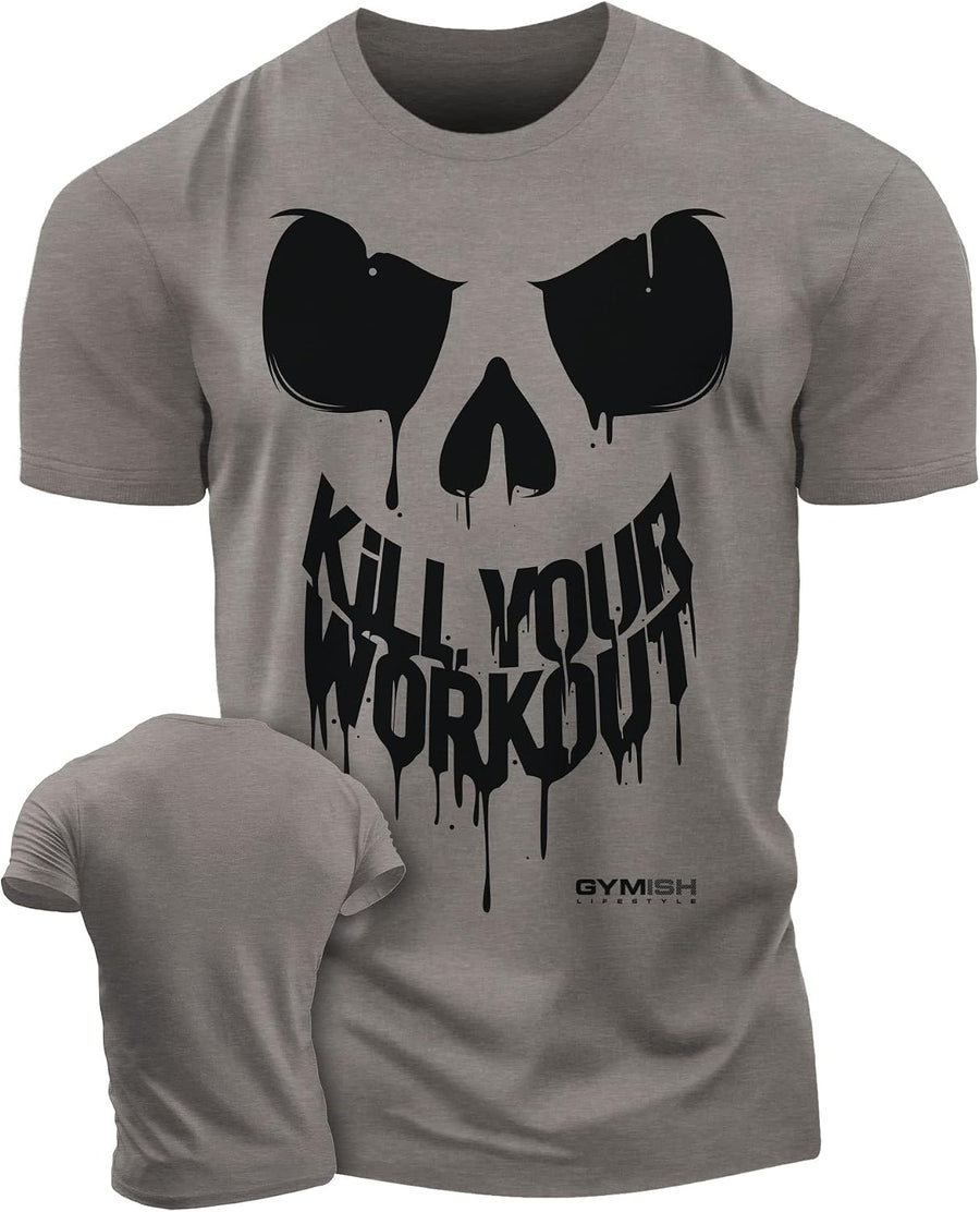 KillWorkout Shirts for Men, Funny Workout Gym Shirt Lifting T-Shirt (XL, KillWorkout Skull WarmGrey) - As Pictured