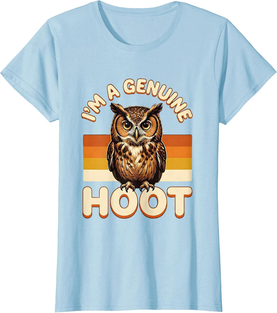 Women's I'm A Genuine Hoot Retro Owl Lover Bird Enthusiast Humor T-Shirt - Baby Blue
