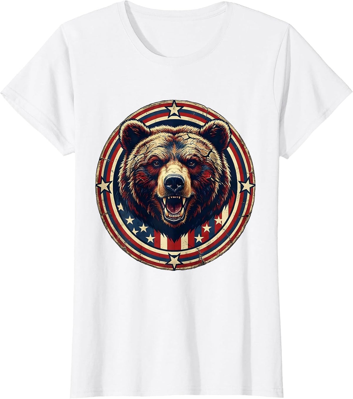 Patriotic Roaring Bear Stars and Stripes Design T-Shirt - White