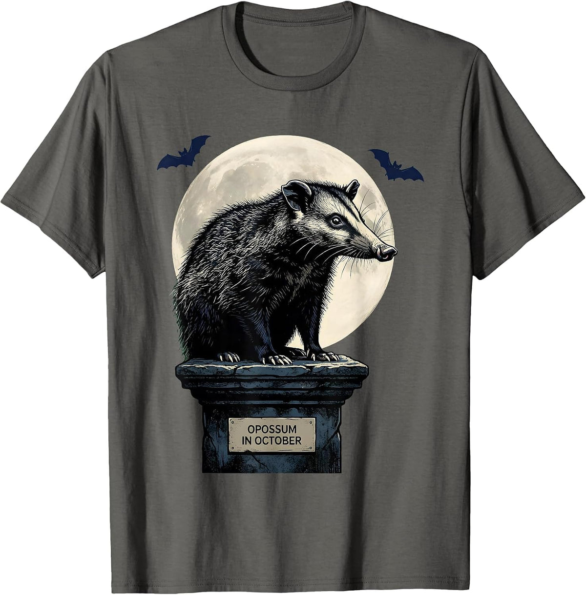 Opossum in October Vintage Gothic Halloween Spooky Moon T-Shirt - Asphalt Grey
