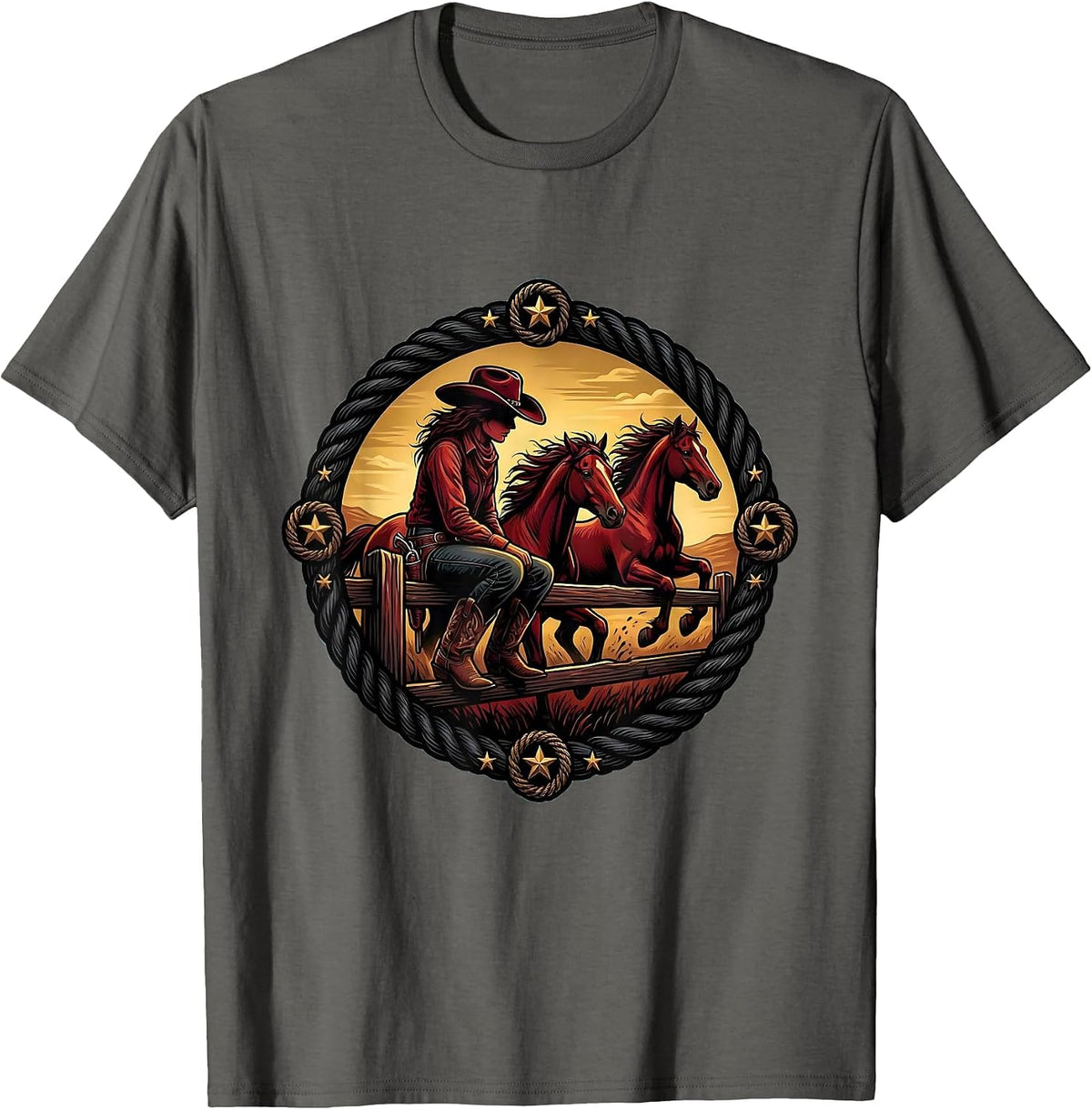 Men's Cowgirl Atop Fence Watching Wild Horses T-Shirt - Asphalt Grey