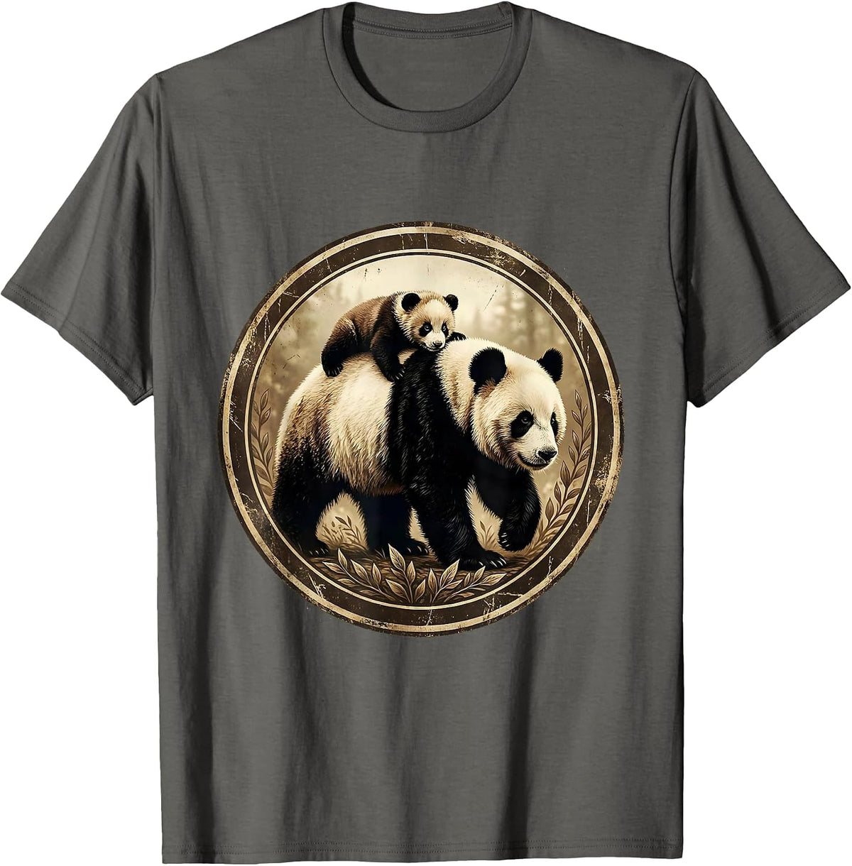 Mama Panda Carrying Cub Cute Wildlife Design T-Shirt - Asphalt Grey