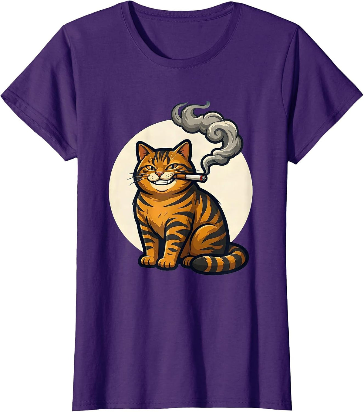 Women's Tabby Cat Blowing Smoke at Full Moon T-Shirt - Purple