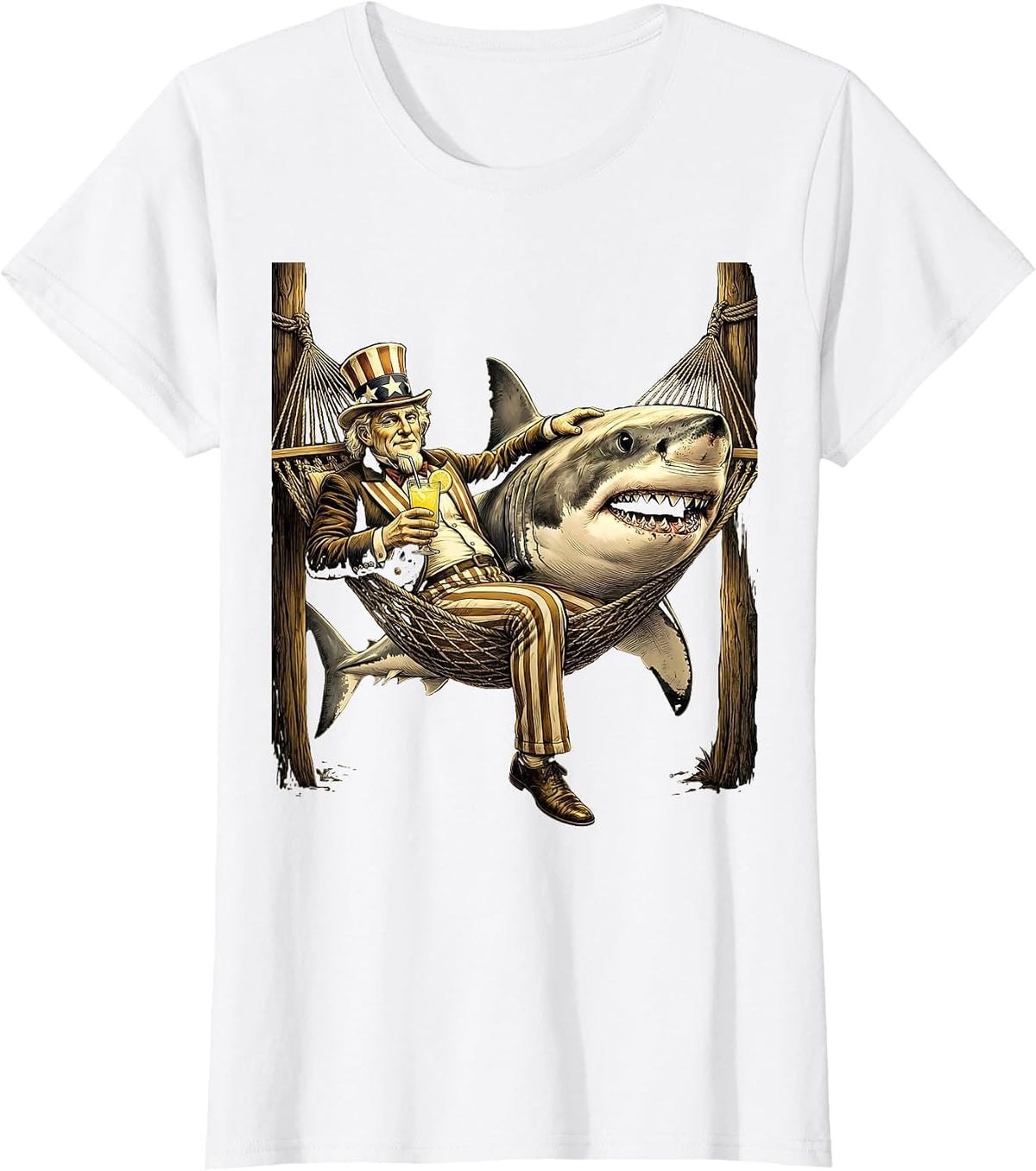Shark Relaxing in Hammock with Lemonade T-Shirt - White