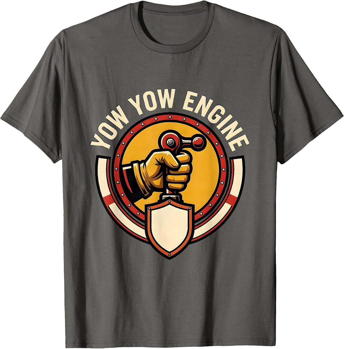 Men's Yow Yow Engine Funny Firefighter Humor Badge Emblem T-Shirt - Asphalt Grey