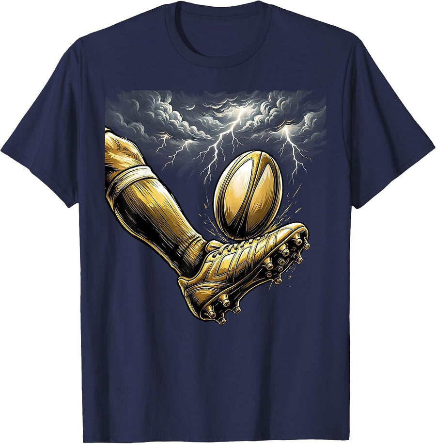 Rugby Boot Kicking Ball Into Stormy Sky T-Shirt - Navy Blue