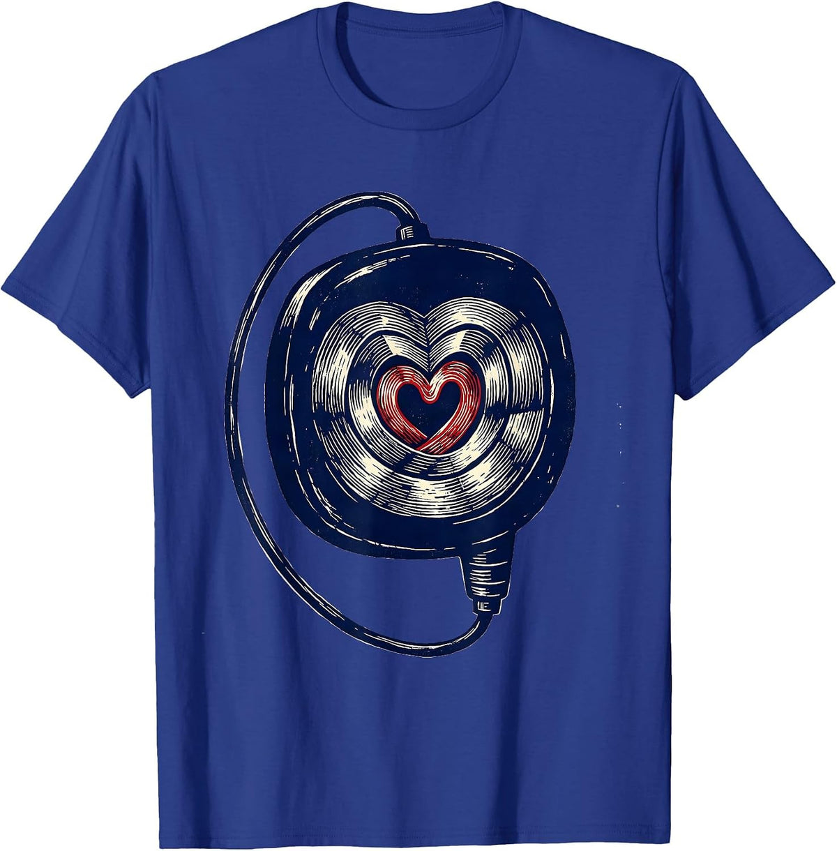 Oversized Fetal Monitor Transducer Heart Linocut Nurse T-Shirt - Royal Blue