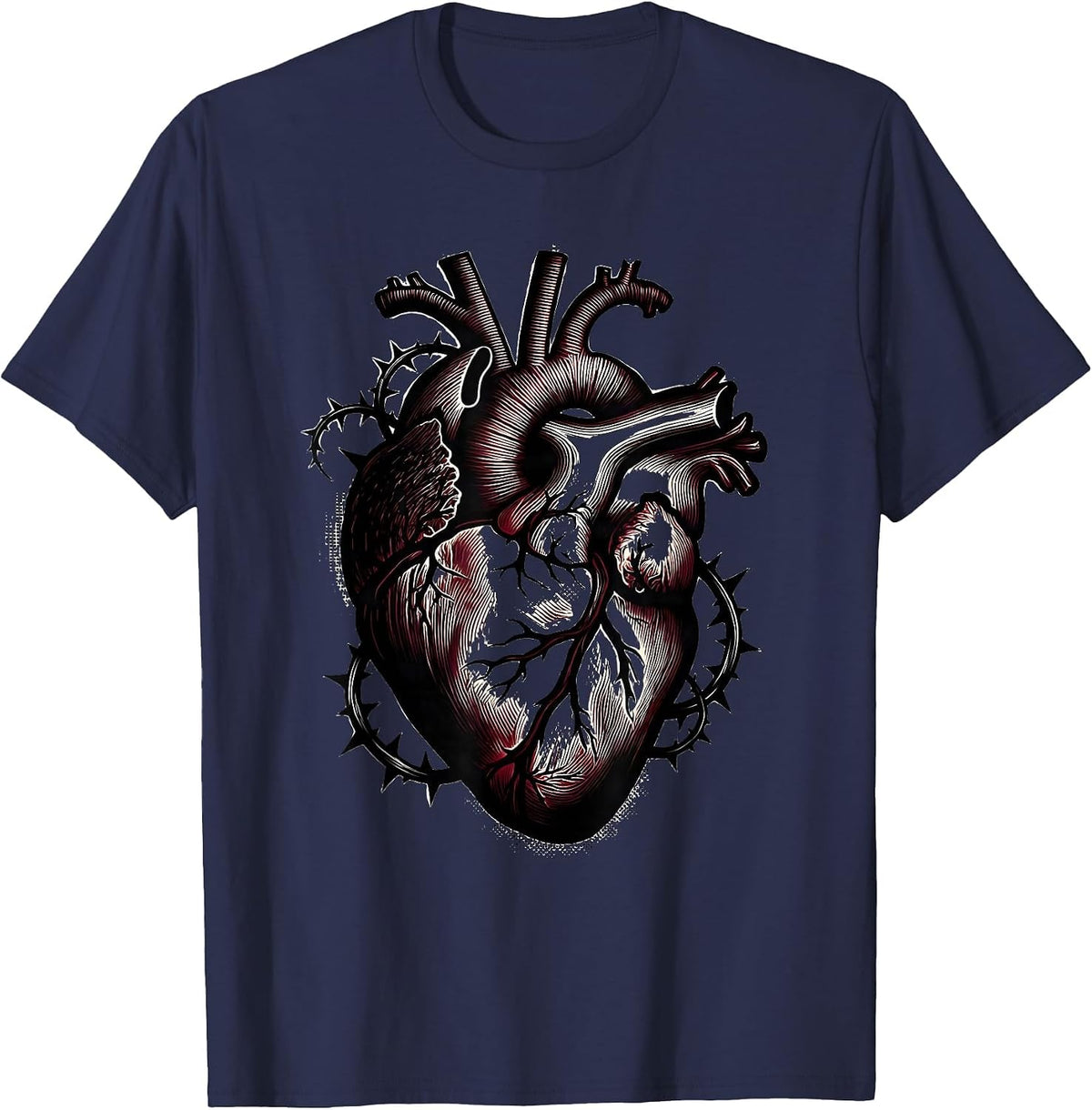 Men's Anatomical Heart Thorny Vines Emo Gothic Design T-Shirt - Navy Blue