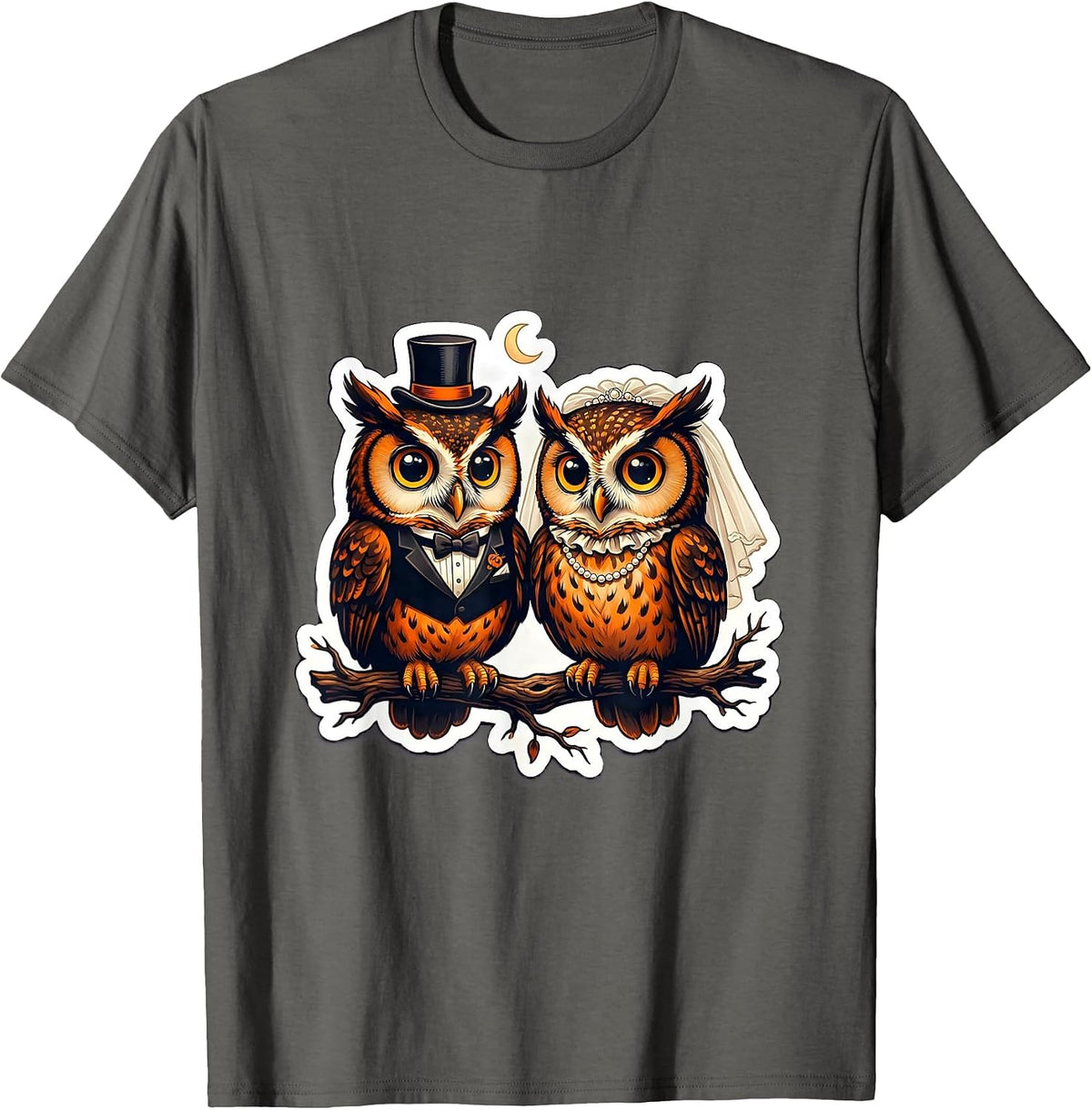 Halloween Couple Owl Bride and Groom Wedding Design T-Shirt - Asphalt Grey