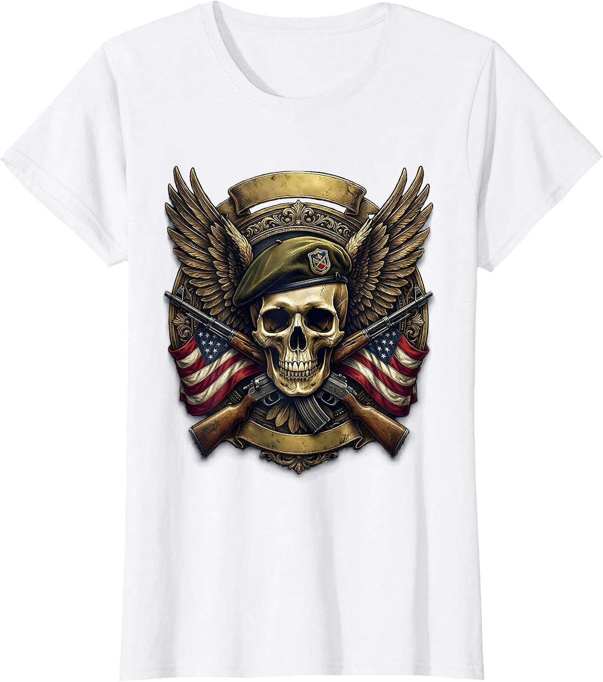Veteran Skull Military Beret with Wings Graphic T-Shirt - White