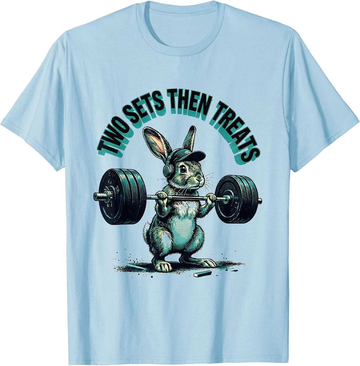 Men's Two Sets Then Treats Funny Gym Cat Weightlifting Meme T-Shirt - Baby Blue