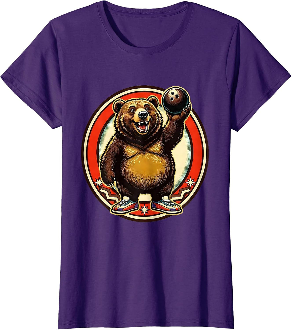 Women's Bear Bowling Illustration Funny Bowling Graphic T-Shirt - Purple