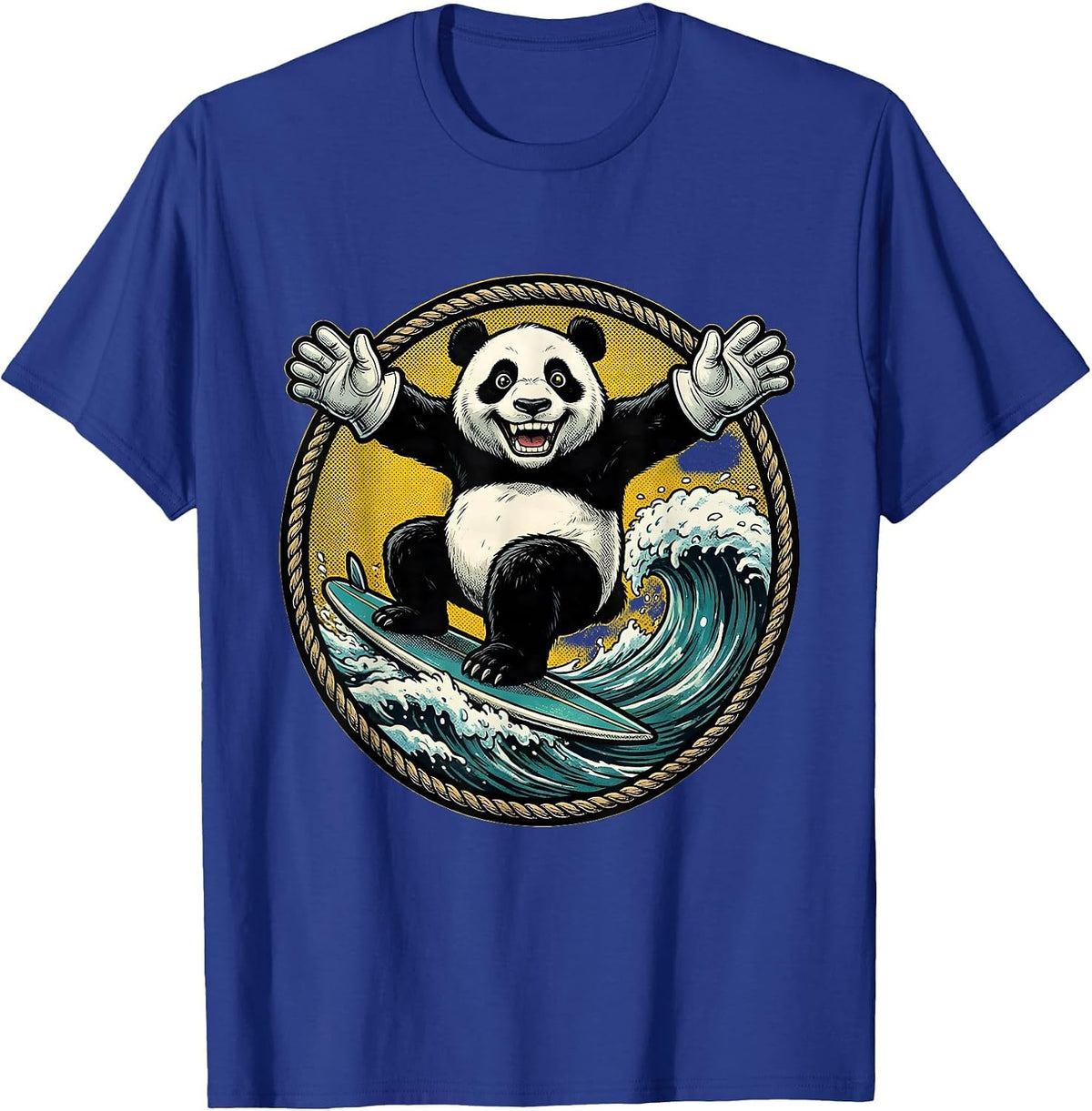 Men's Panda Surfing Ocean Wave Graphic Tee T-Shirt - Royal Blue