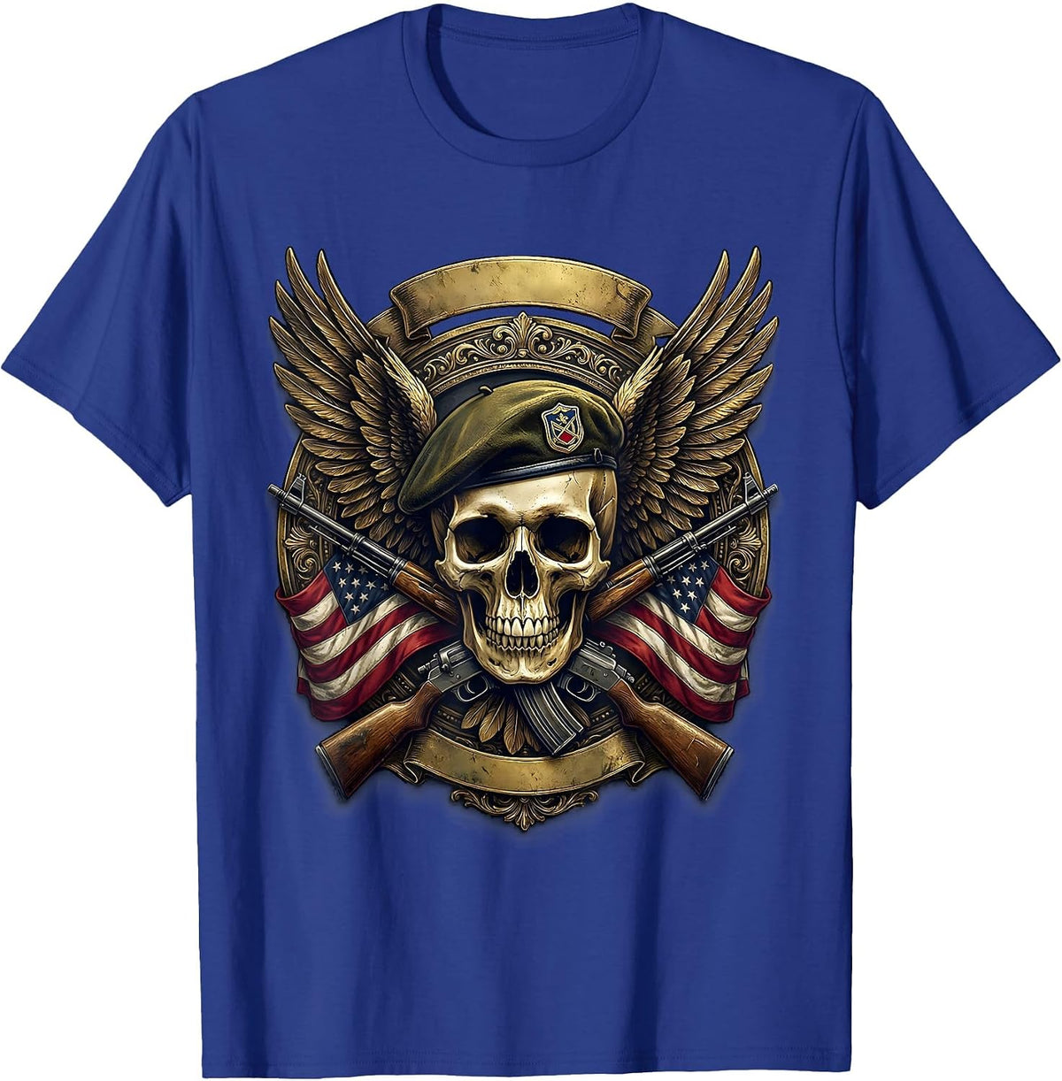 Veteran Skull Military Beret with Wings Graphic T-Shirt - Royal Blue