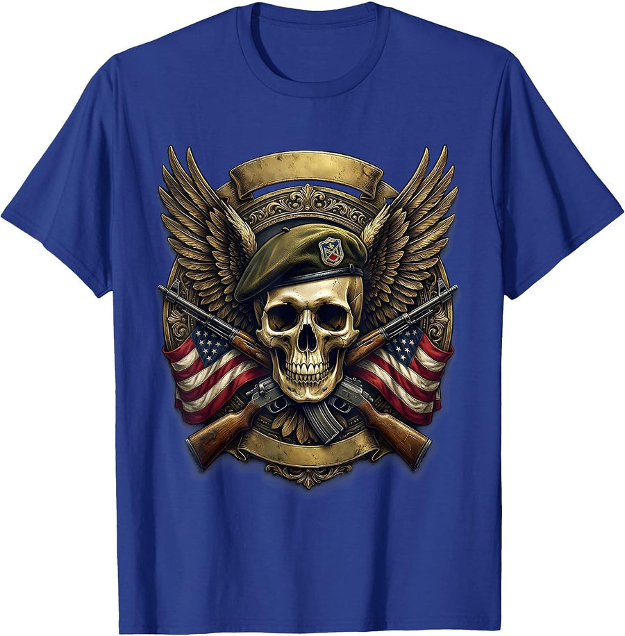 Veteran Skull Military Beret with Wings Graphic T-Shirt - Royal Blue