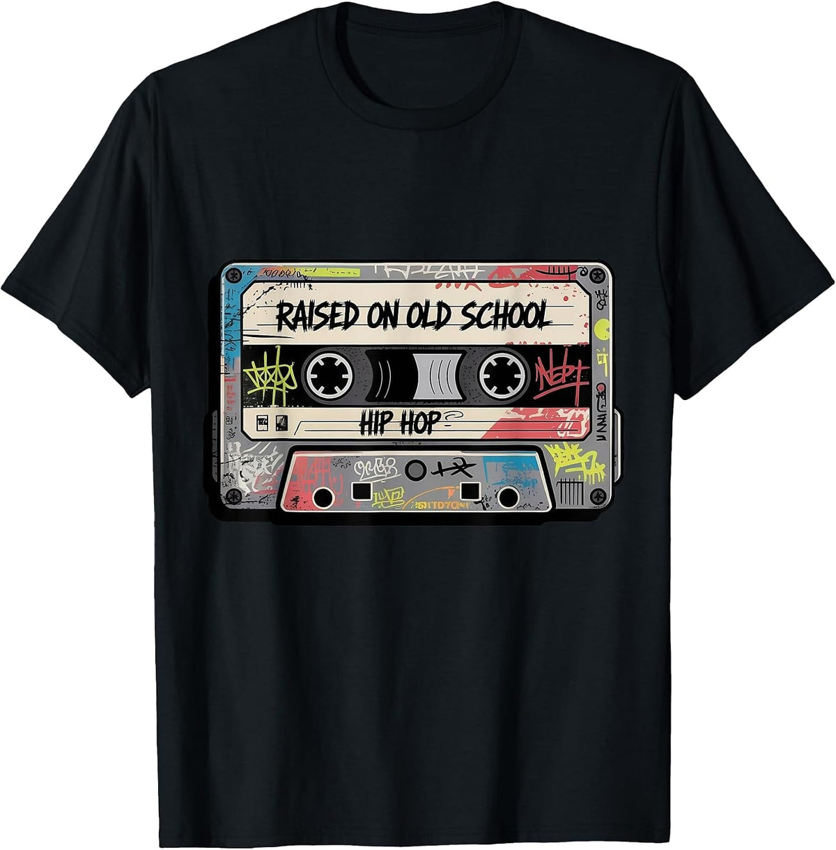 Raised On Oldschool Hip Hop Music Graffiti Art Cassette Tape T-Shirt - Black