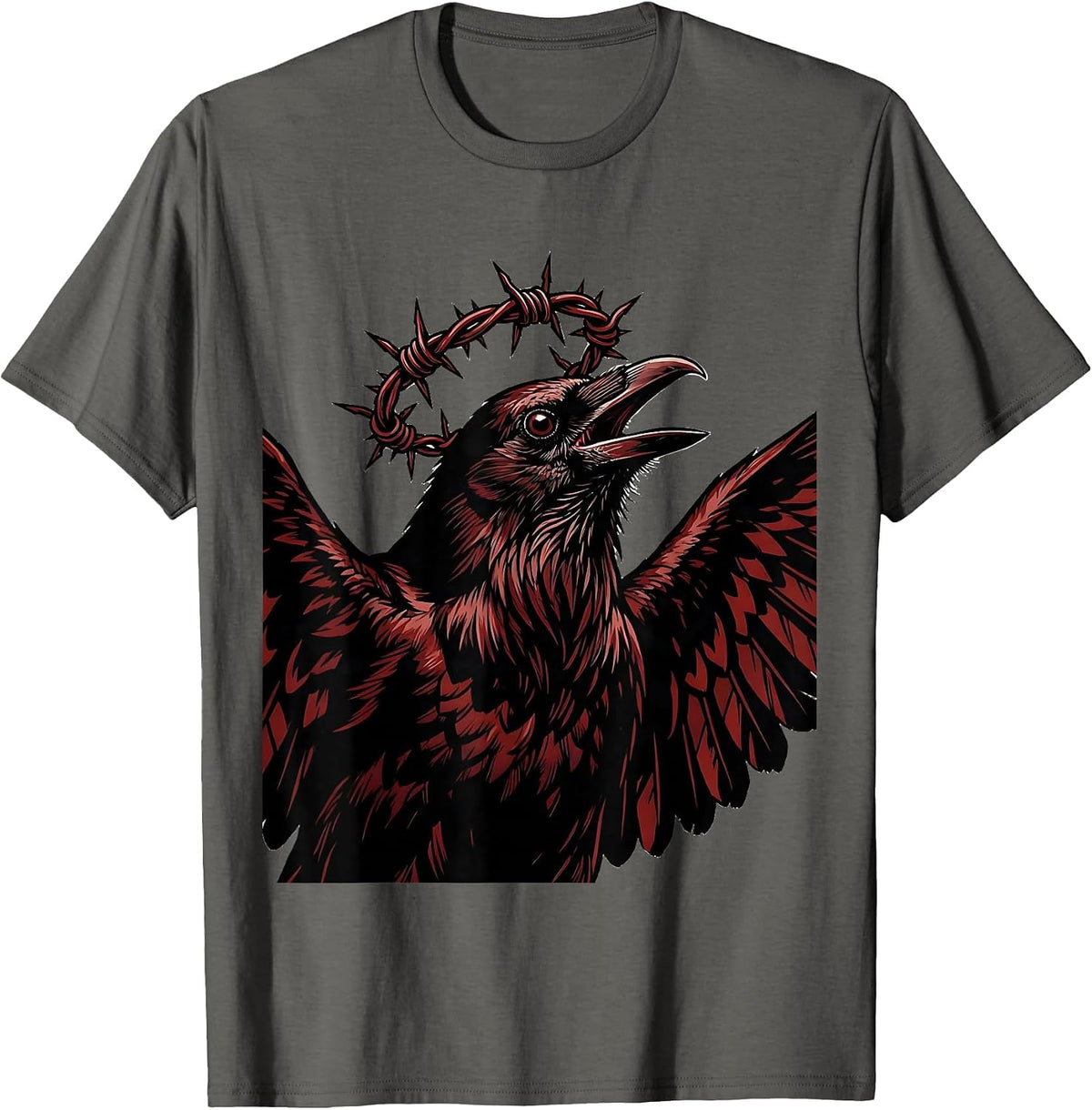 Crow With Barbed Wire Crown Dark Art T-Shirt - Asphalt Grey