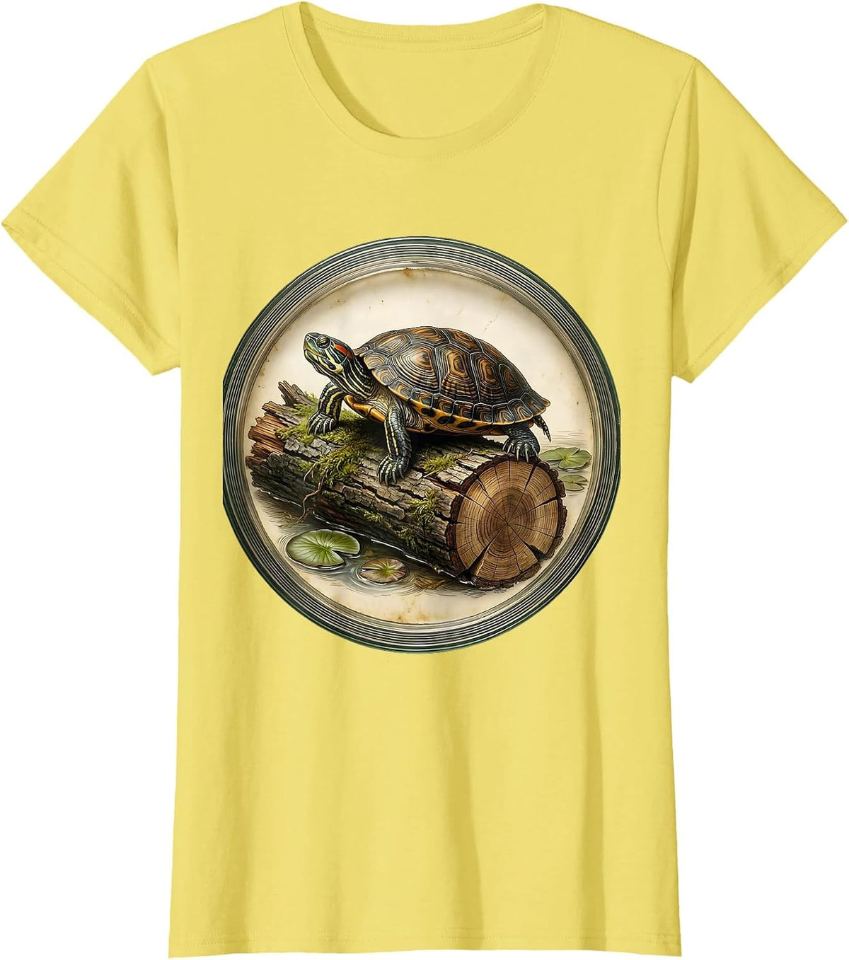Turtle Sunbathing on a Log Nature Art T-Shirt - Lemon Yellow