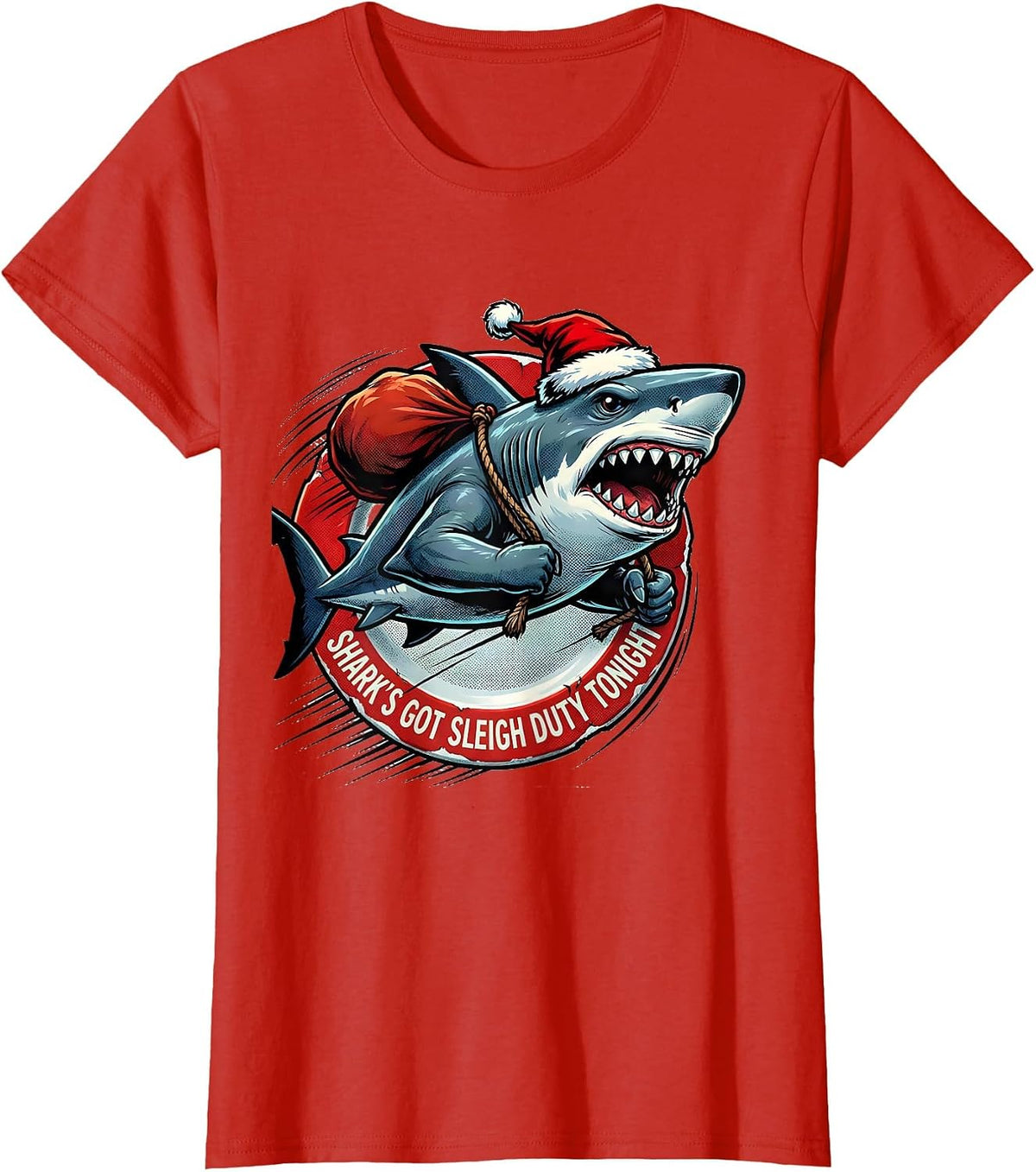 Shark's Got Sleigh Duty Tonight Comic Shark Lover Christmas T-Shirt - Red