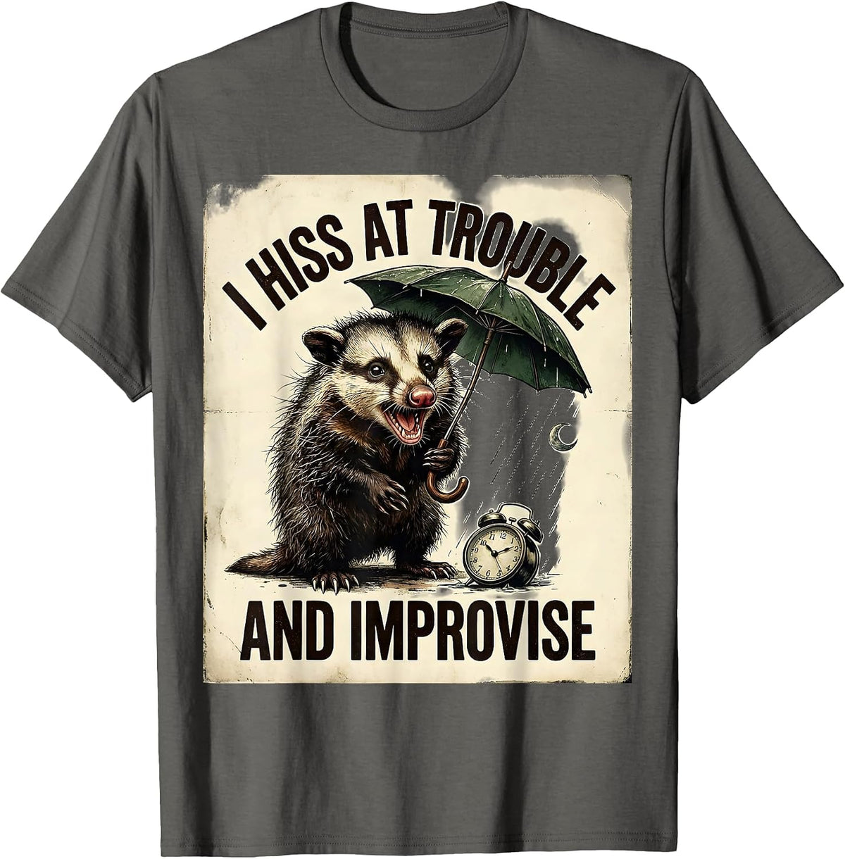 Men's I Hiss At Trouble And Improvise Vintage Opossum Meme Humor T-Shirt - Asphalt Grey