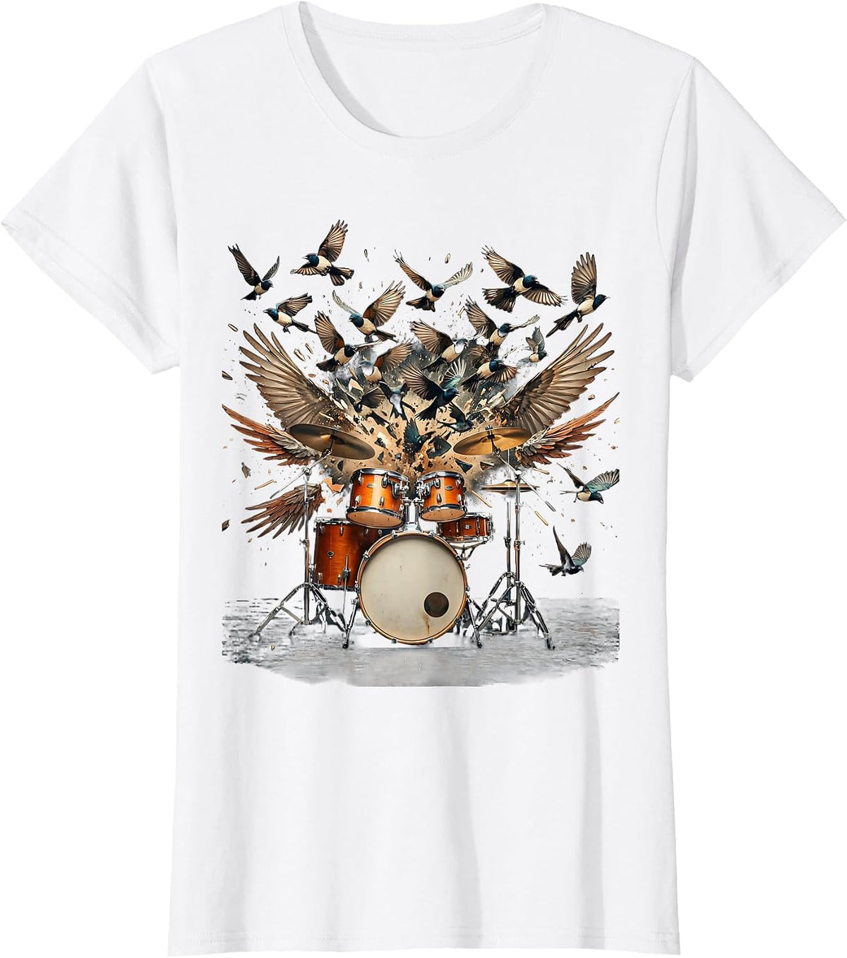 Drum Kit Exploding Into Birds Graphic T-Shirt - White