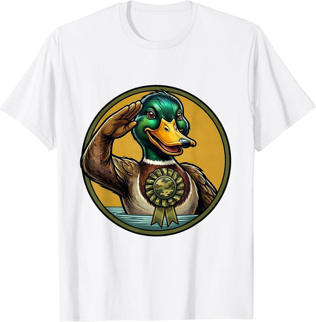 Men's Mallard Duck Camo Hunting Retro Mascot Badge Vintage T-Shirt - White