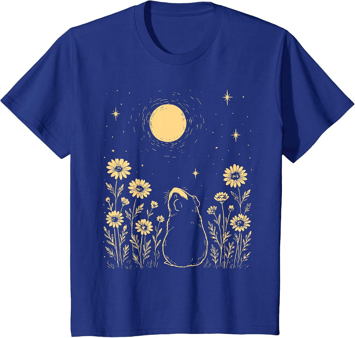 Floral Guinea Pig Moon Celestial Night Flower Animal Lover T-Shirt - Royal Blue