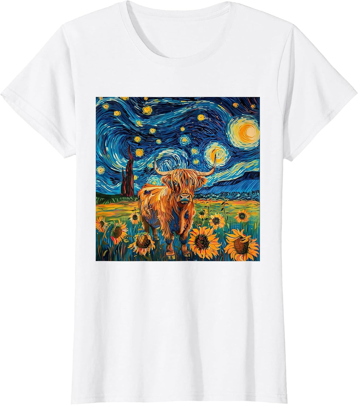 Aesthetic Scottish Highland Cow with Sunflowers Starry Night T-Shirt - White