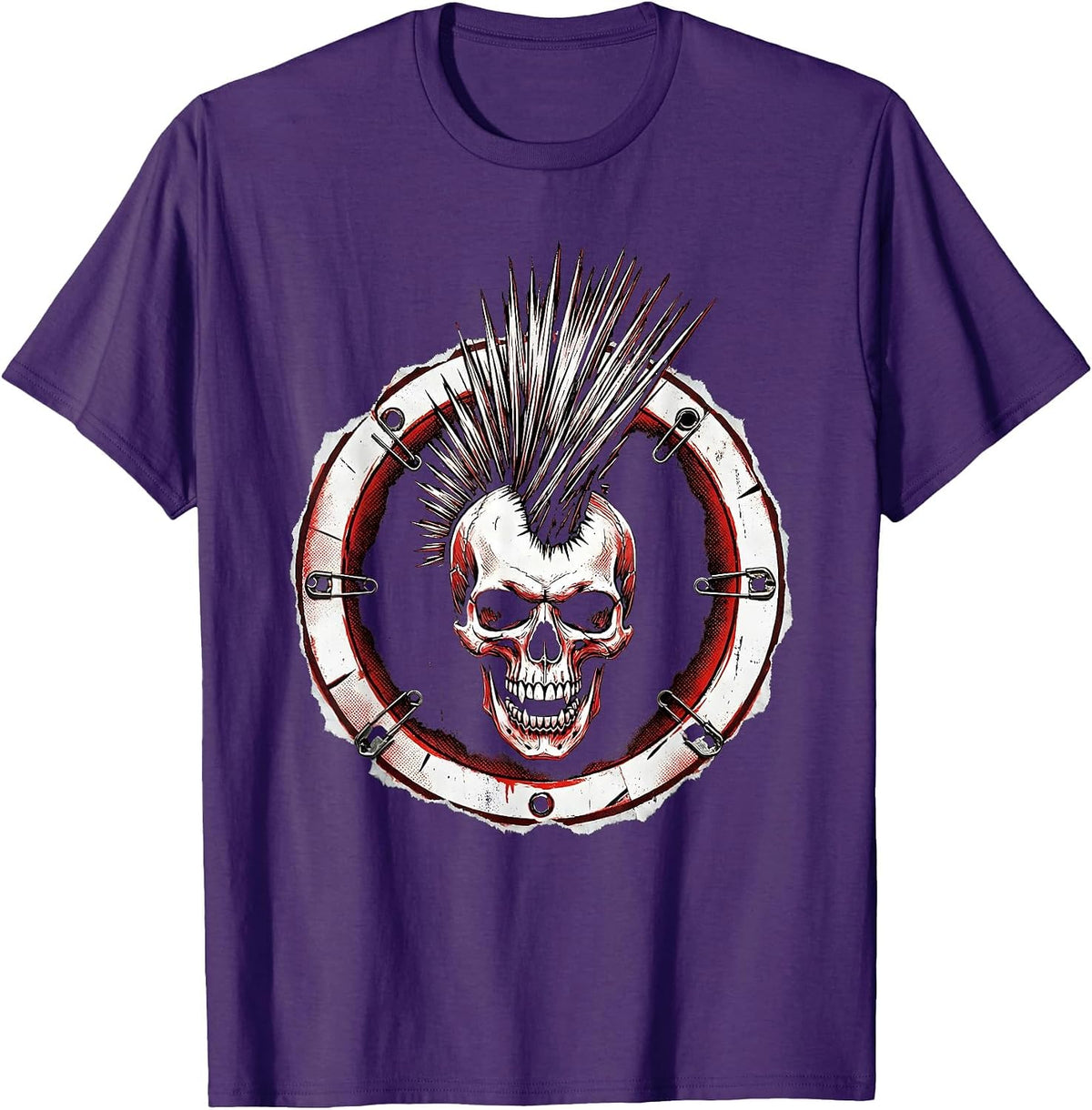 Men's Punk Rock Snarling Skull Mohawk Graphic T-Shirt - Purple