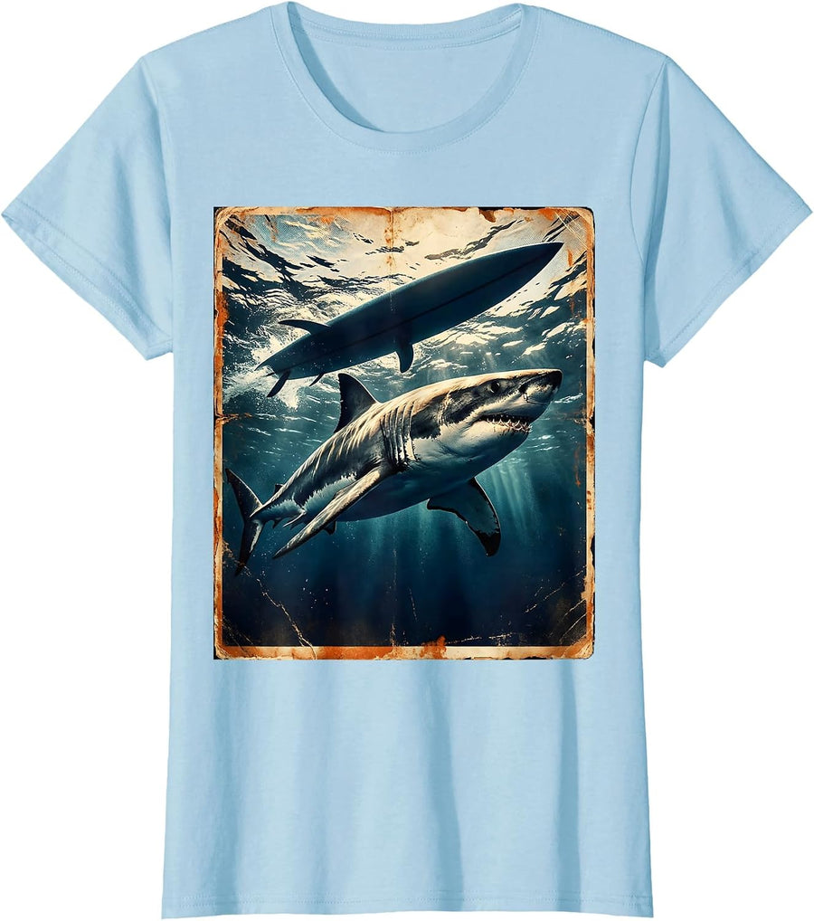 Women's Boys Hawaiian Shark Under Surfboard Graphic Tee T-Shirt - Baby Blue
