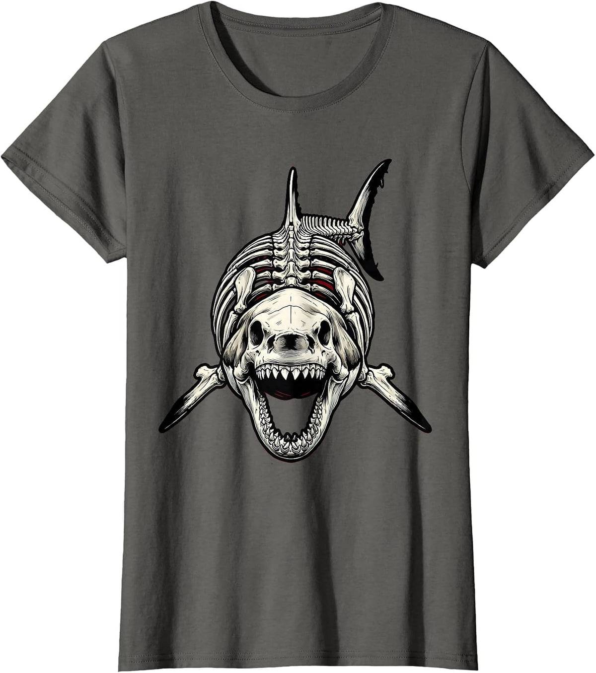 Women's Shark Skeleton Museum Pose Graphic T-Shirt - Asphalt Grey