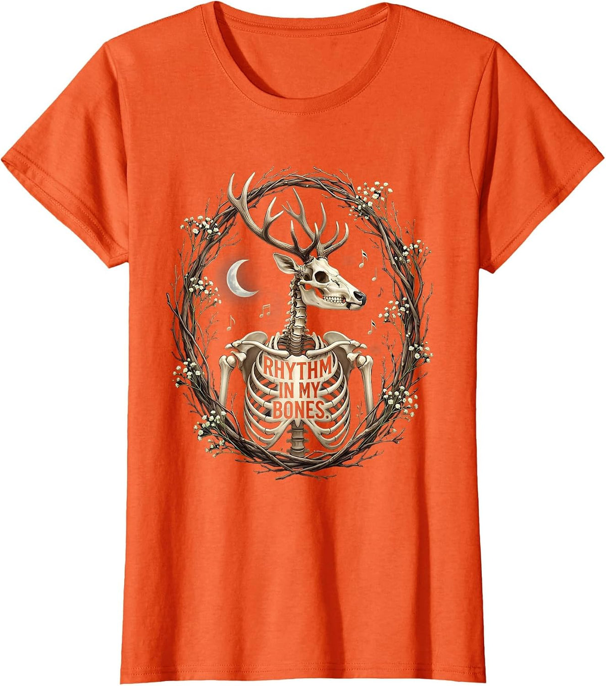 Rhythm In My Bones Skeleton Rock Band Design T-Shirt - Orange