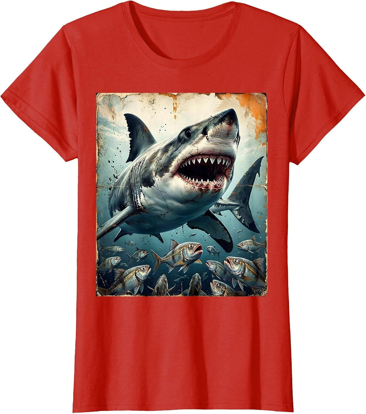 Women's Friendly Shark Waving at Tiny Fish Illustration T-Shirt - Red
