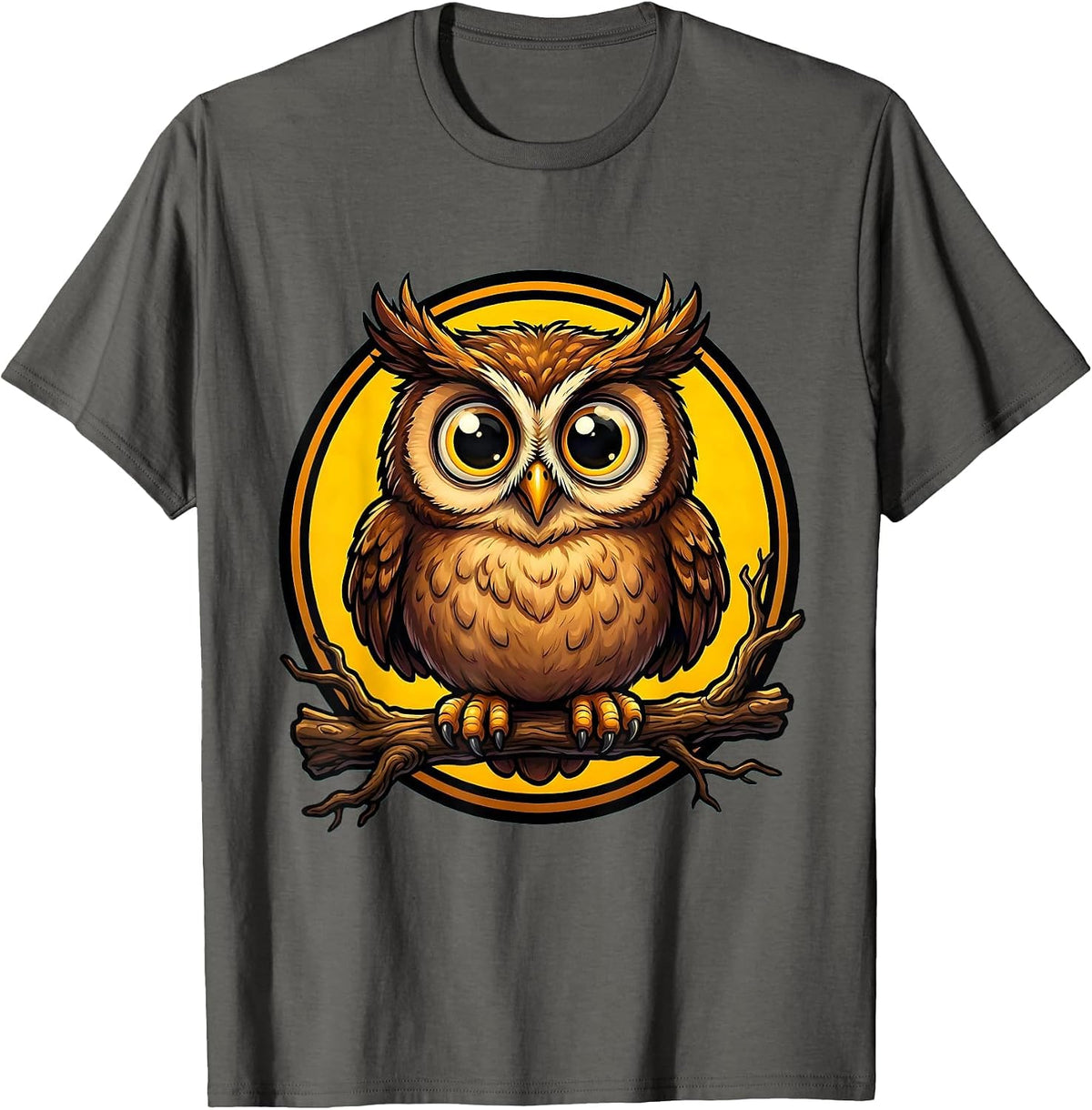 Men's Owl Perched on Branch Wide Eyes Animal Print T-Shirt - Asphalt Grey