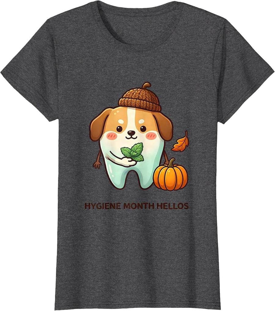 Women's Hygiene Month Hellos Cute Kawaii Dental Hygienist Humor T-Shirt - Dark Heather Grey