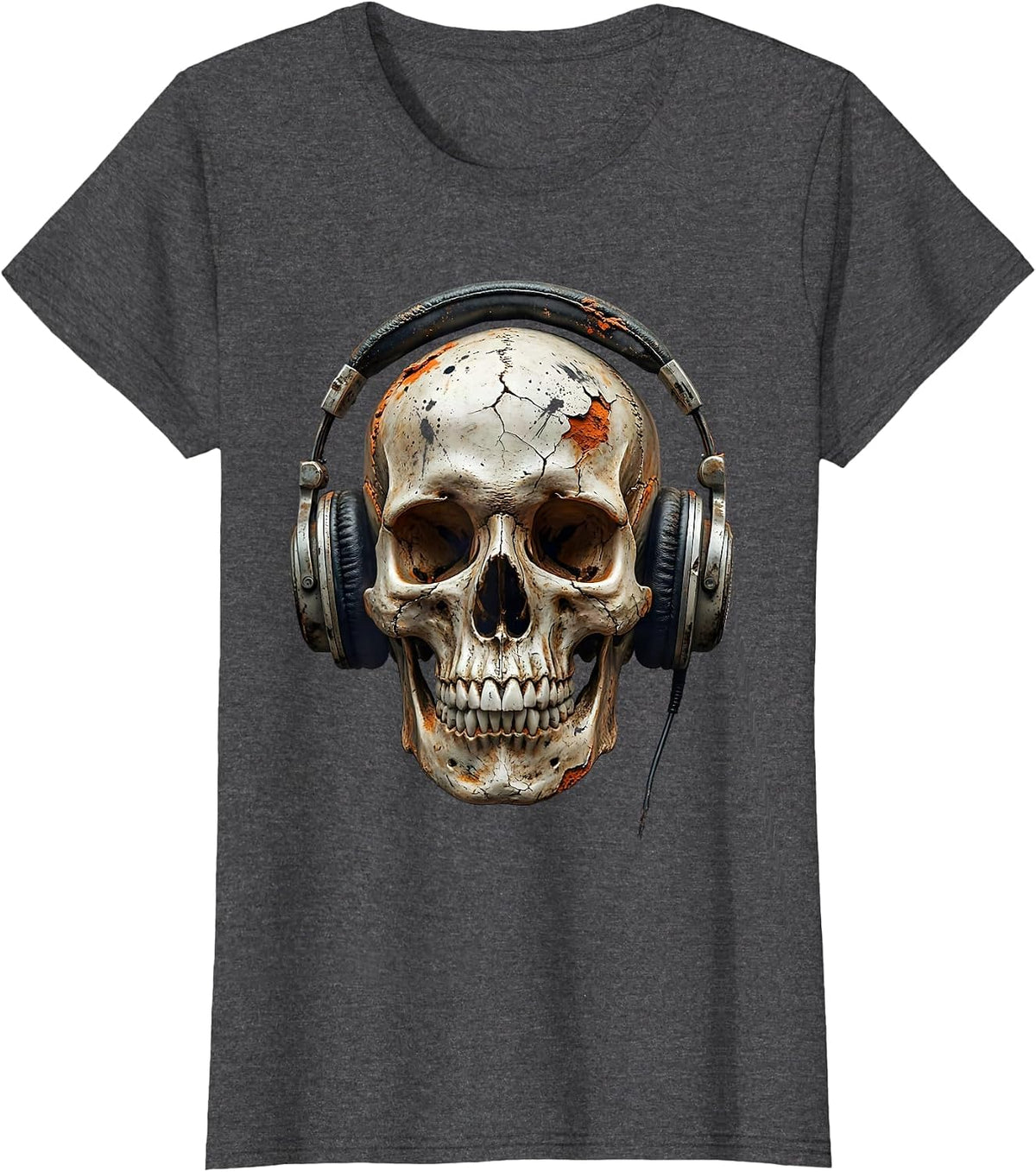 Women's Skull Vintage Headphones Rock and Roll Graphic T-Shirt - Dark Heather Grey